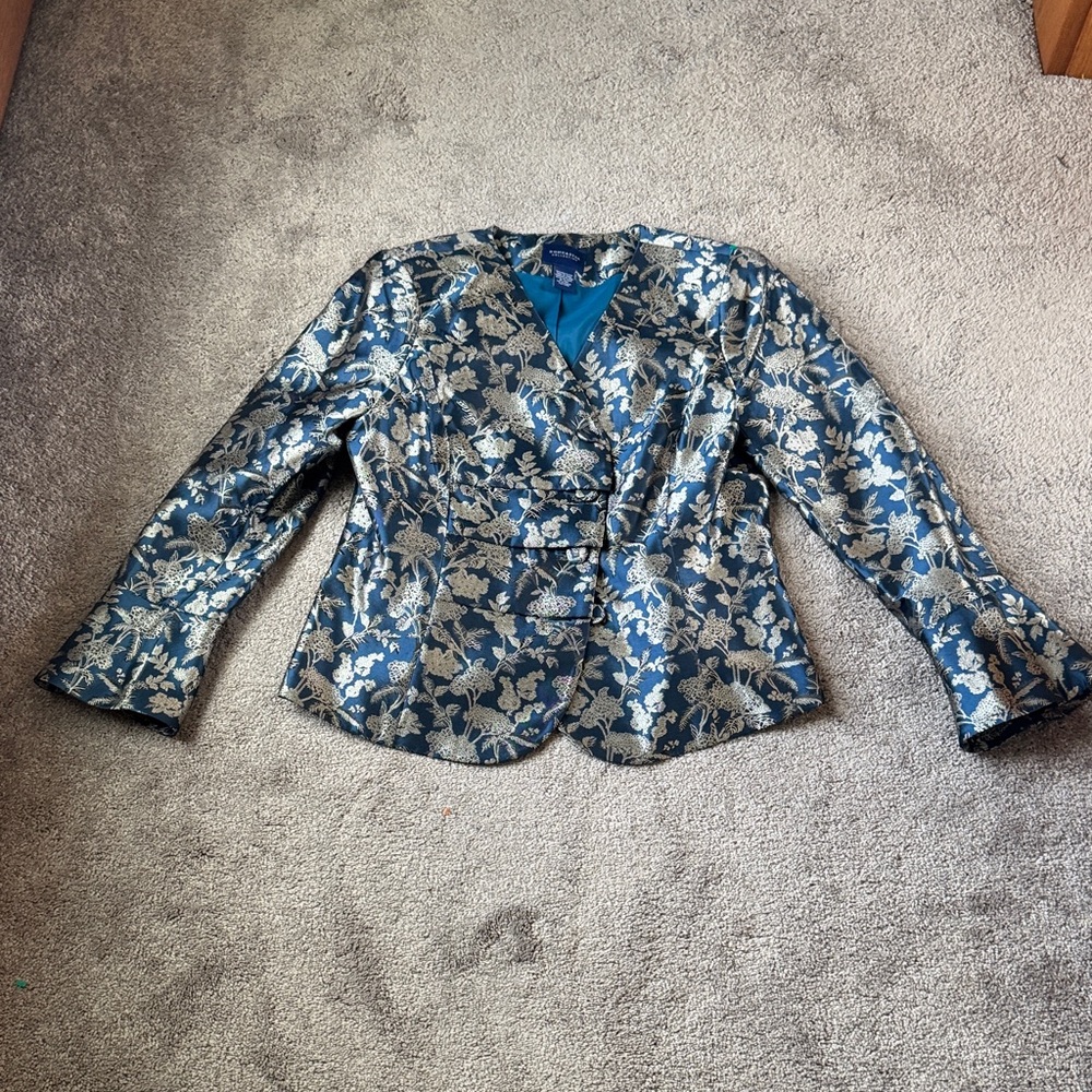 Doncaster Collection Teal Floral Jacquard Blazer Size M Collarless